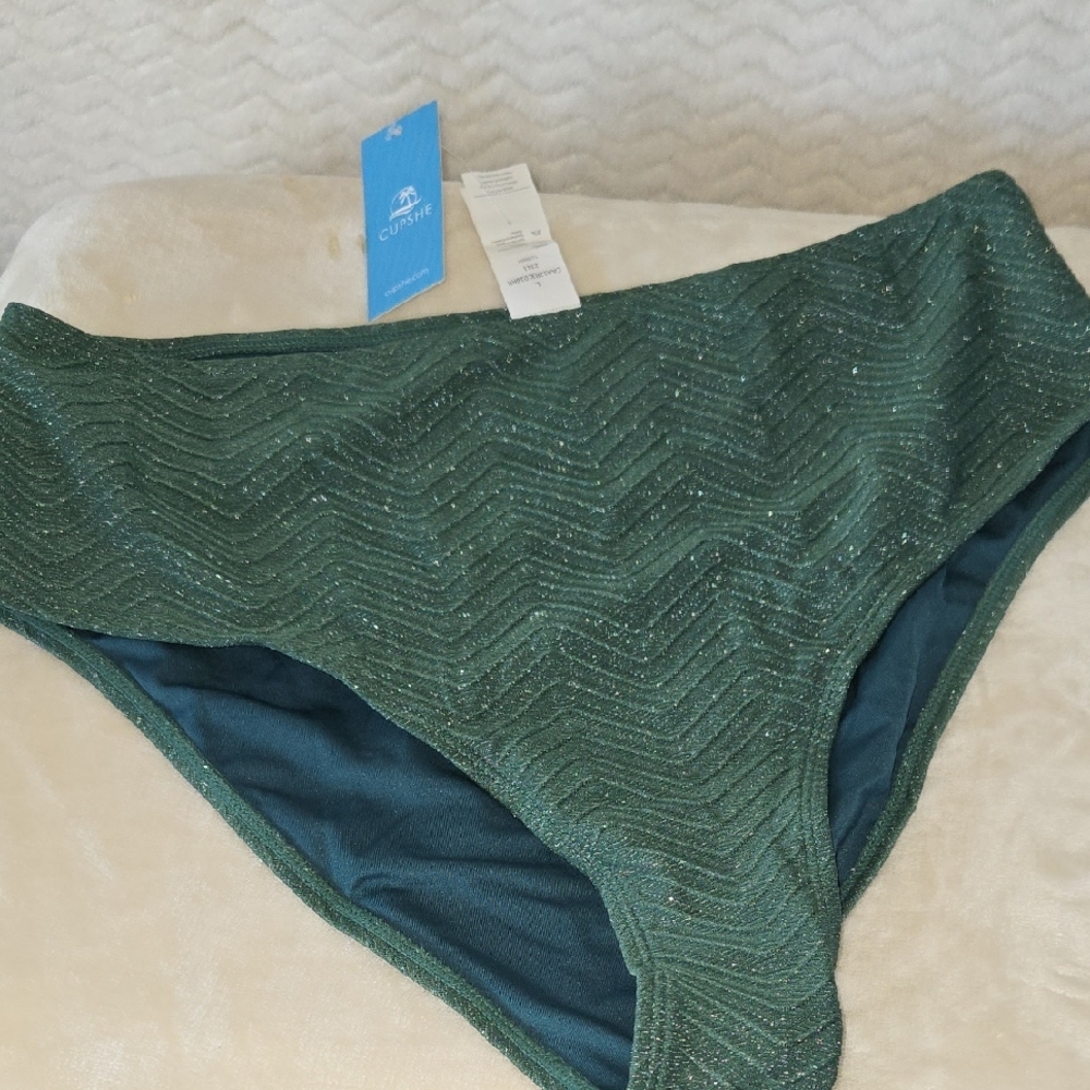 CNWT Cupshe Dark Green Textured Sparkly Bikini Bottom